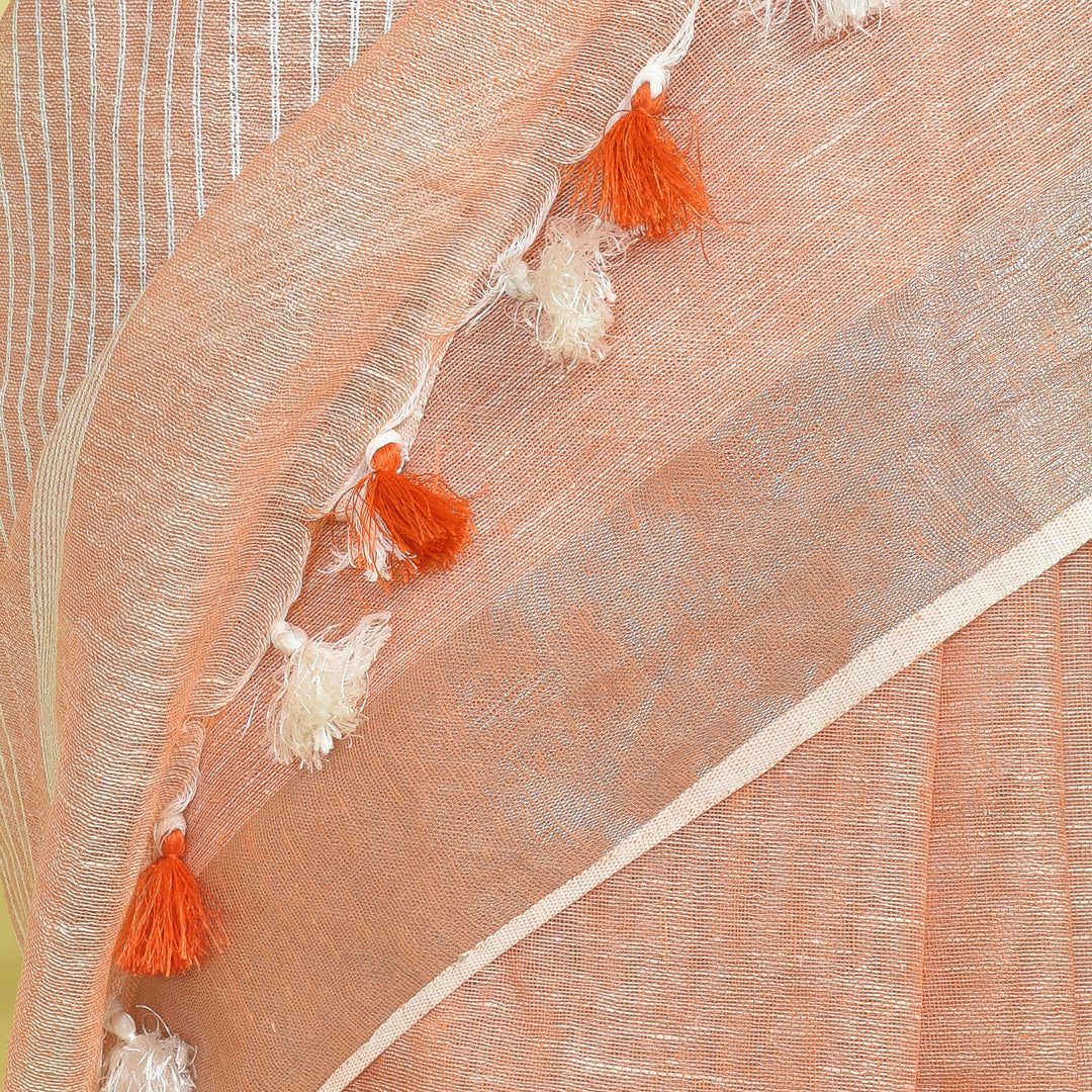 Stotra Peach Pure Linen Saree with Metallic Zari Border