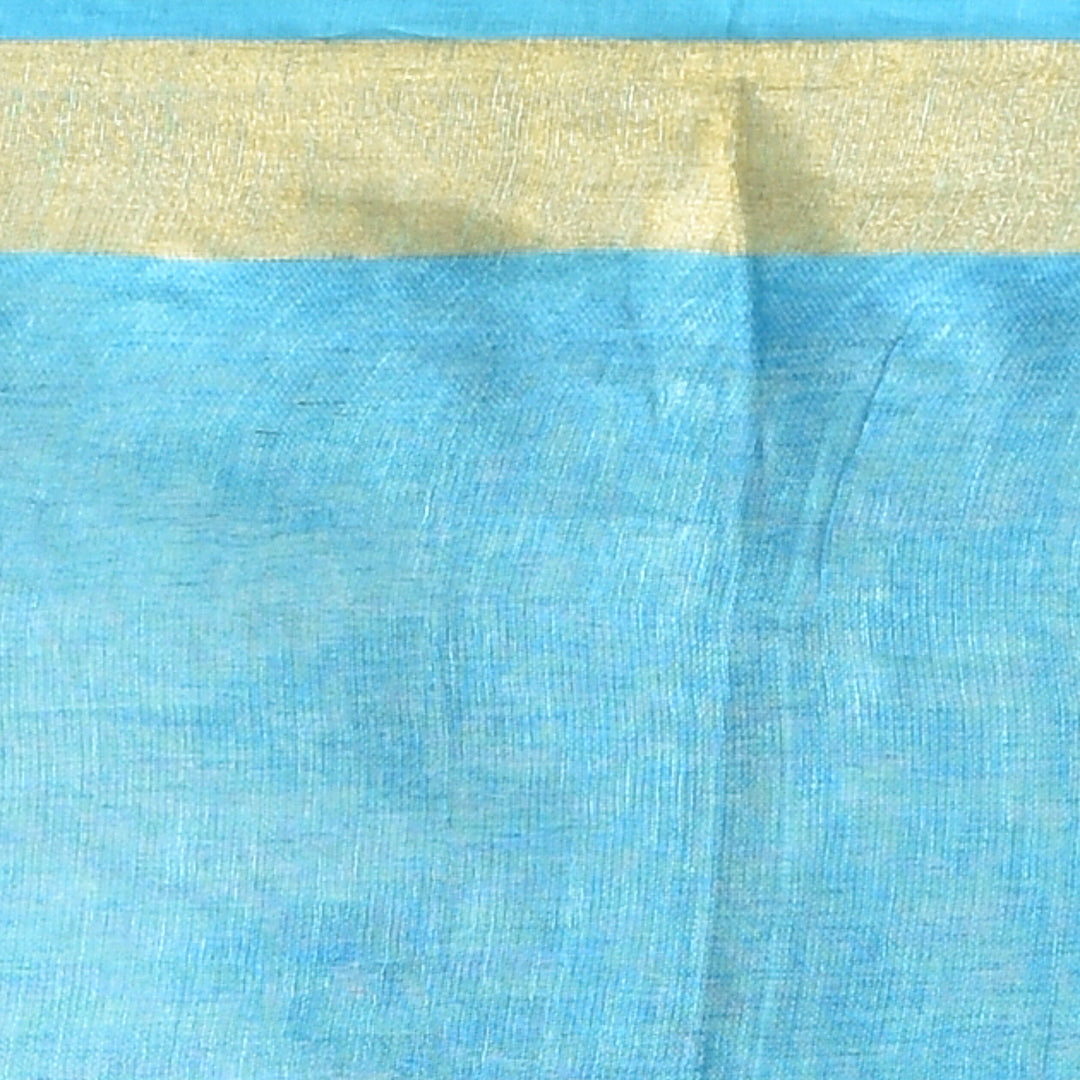 Stotra Sky Blue Ikat Design Pure Linen Saree with Zari Border