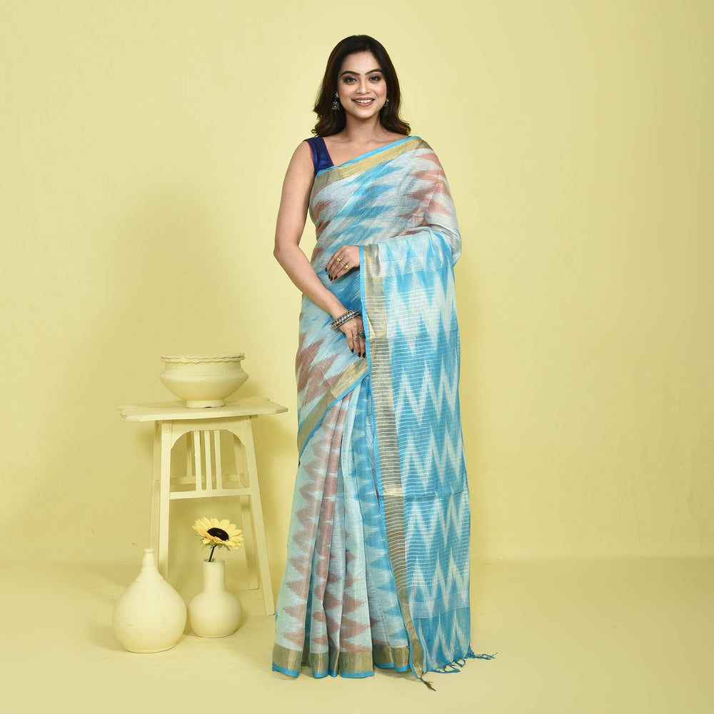 Stotra Sky Blue Ikat Design Pure Linen Saree with Zari Border