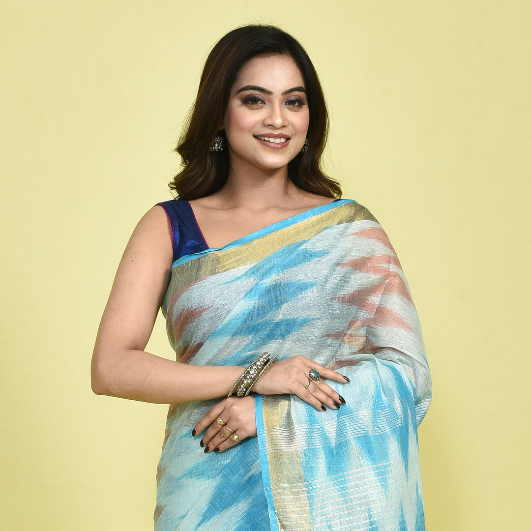 Stotra Sky Blue Ikat Design Pure Linen Saree with Zari Border