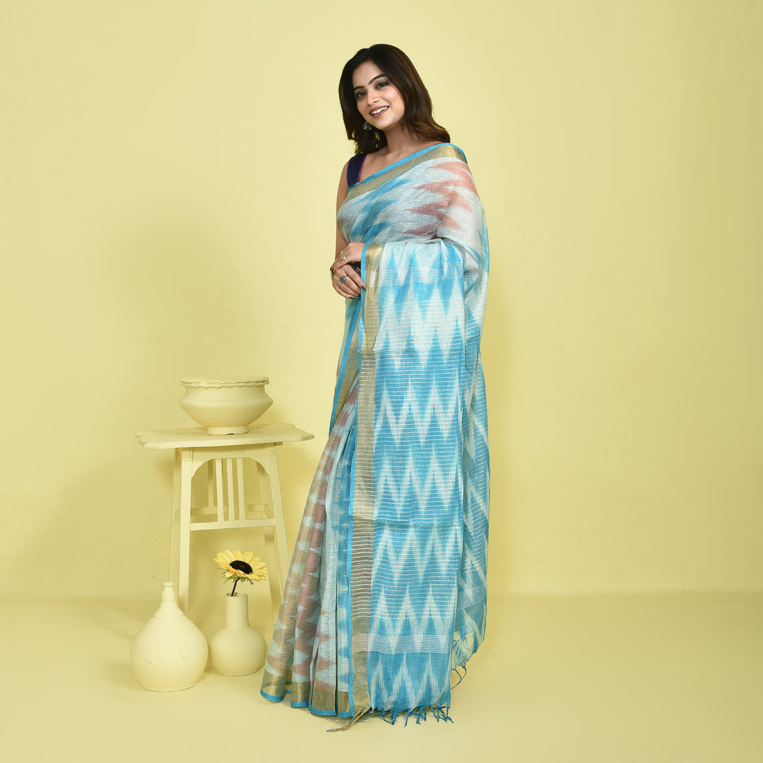 Stotra Sky Blue Ikat Design Pure Linen Saree with Zari Border