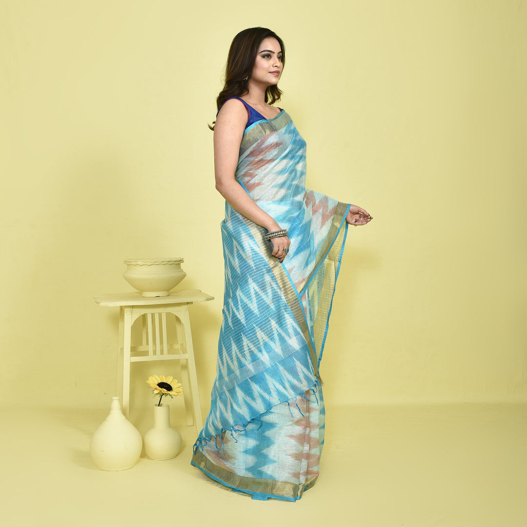 Stotra Sky Blue Ikat Design Pure Linen Saree with Zari Border