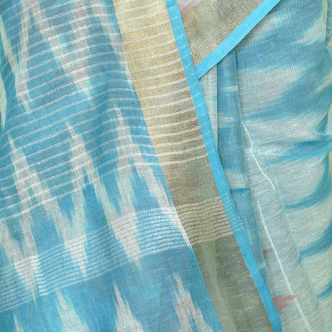 Stotra Sky Blue Ikat Design Pure Linen Saree with Zari Border