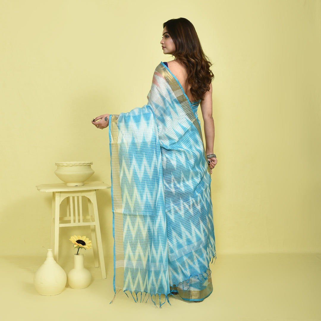 Stotra Sky Blue Ikat Design Pure Linen Saree with Zari Border