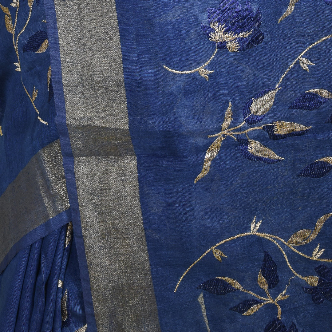 Stotra Royal Blue Vine Design Embroidery Pure Linen Saree with Zari Border