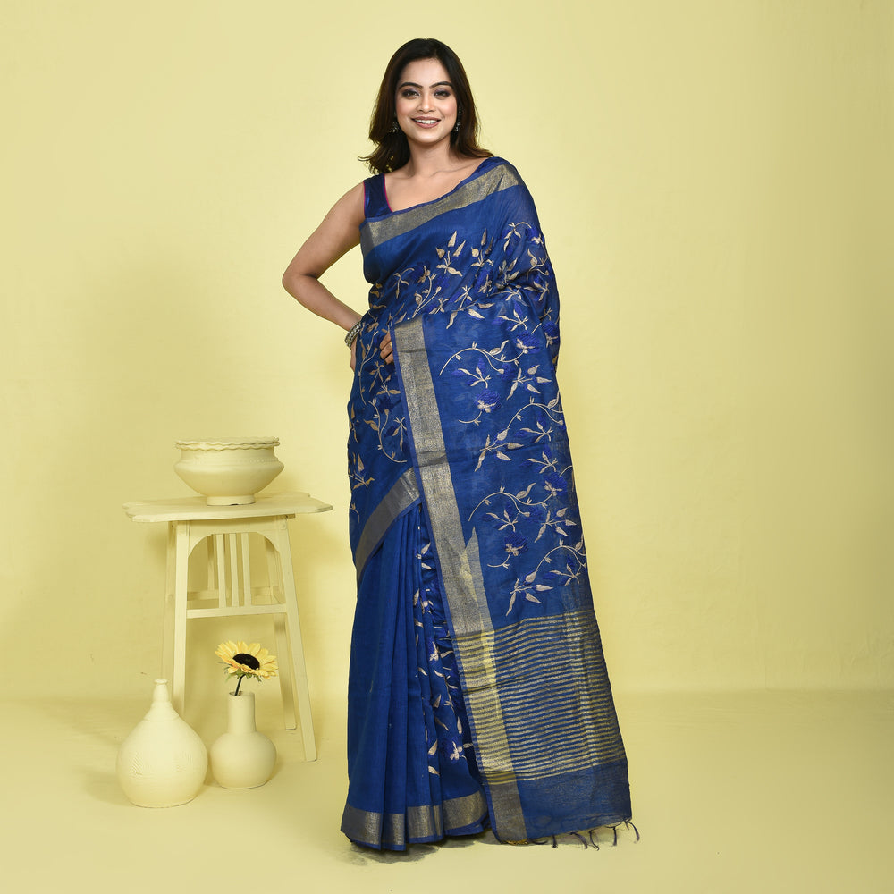 Stotra Royal Blue Vine Design Embroidery Pure Linen Saree with Zari Border