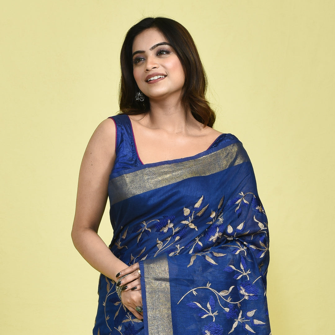 Stotra Royal Blue Vine Design Embroidery Pure Linen Saree with Zari Border