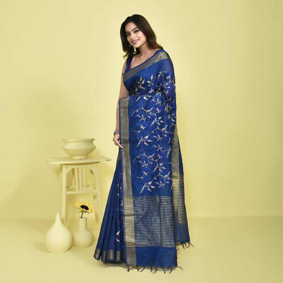 Stotra Royal Blue Vine Design Embroidery Pure Linen Saree with Zari Border
