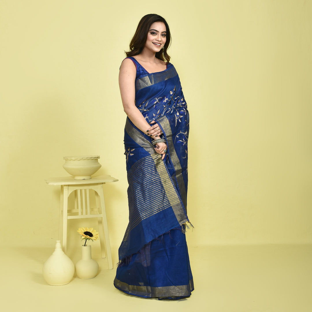 Stotra Royal Blue Vine Design Embroidery Pure Linen Saree with Zari Border
