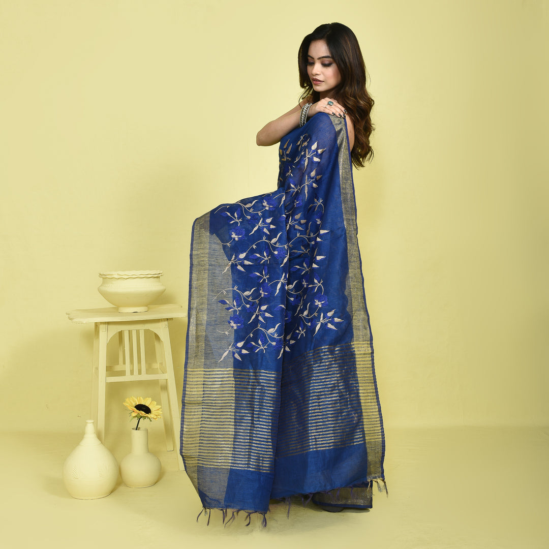 Stotra Royal Blue Vine Design Embroidery Pure Linen Saree with Zari Border