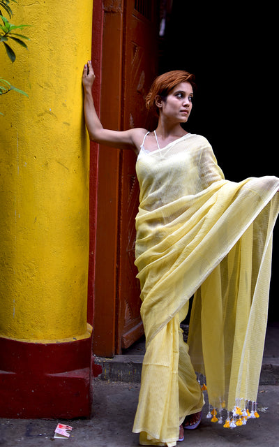 Handloom cotton saree | golden stripes| yellow