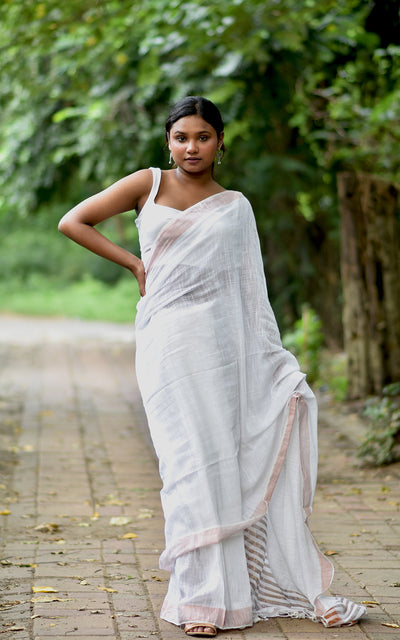 Handloom pure cotton plain saree | metallic zari stripes| white