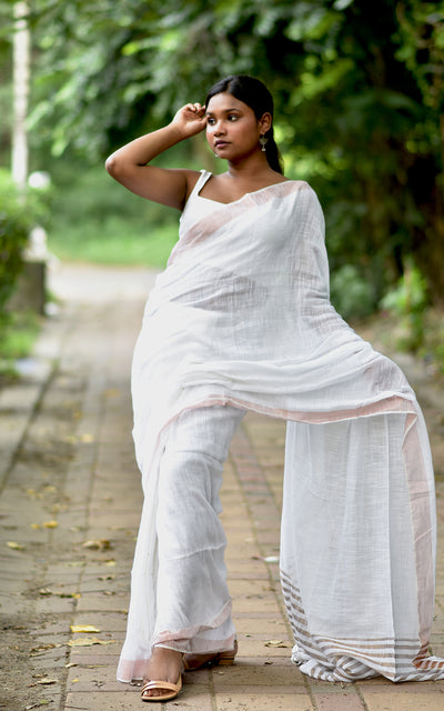 Handloom pure cotton plain saree | metallic zari stripes| white