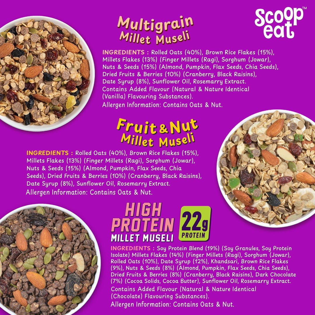 Scoopeat Assorted Muesli - Mutligrain Muesli - 250gm - Fruit & Nut Muesli 250gm - 22gm High Protein Muesli - 250gm - Suspire