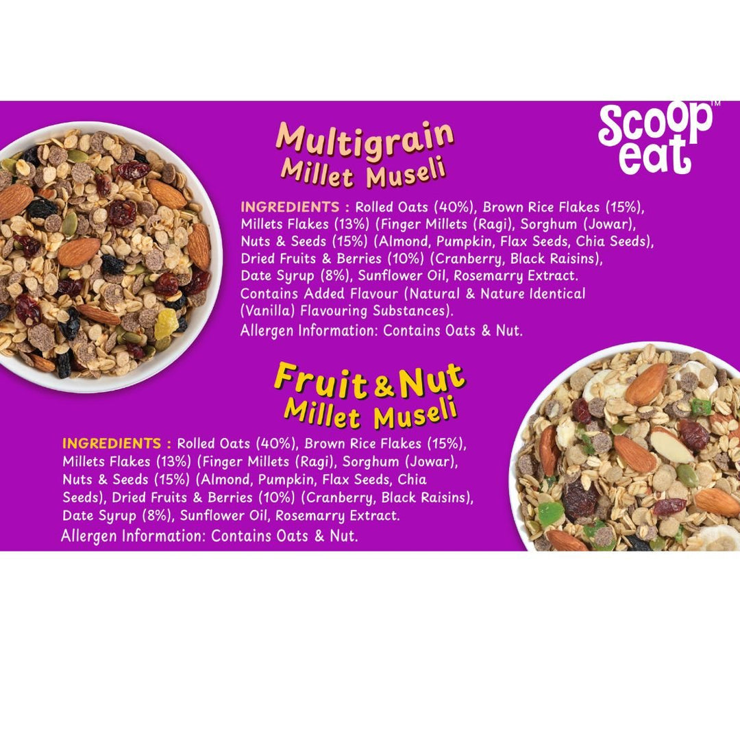 Scoopeat Assorted Muesli Pack of 2 - Multigrain Muesli - 250gm & Fruit & Nut Muesli - 250gm - Suspire