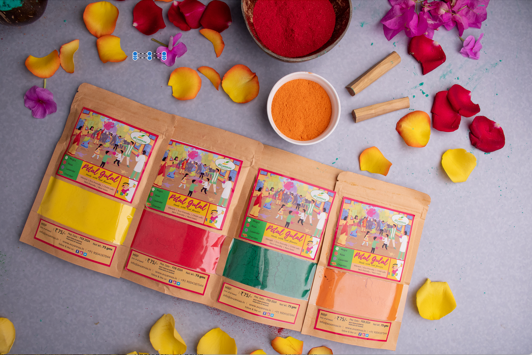 aVyannaa Petal Gulal for Holi - Made with real flowers Pack Of Four Packs ( Orange, Yellow, Red and Green)