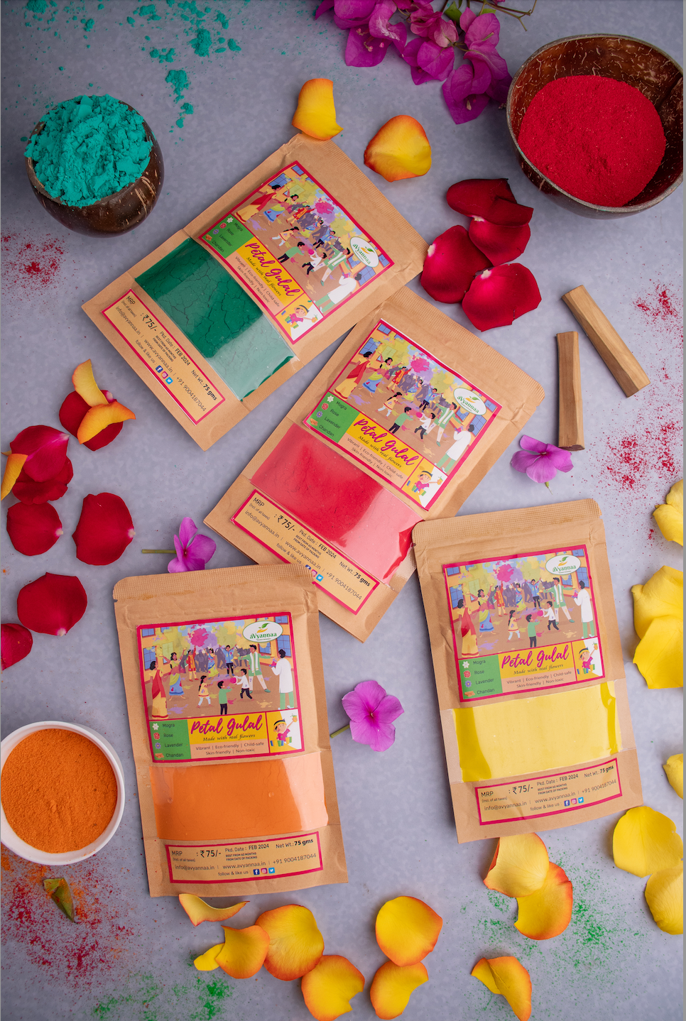 aVyannaa Petal Gulal for Holi - Made with real flowers Pack Of Four Packs ( Orange, Yellow, Red and Green)