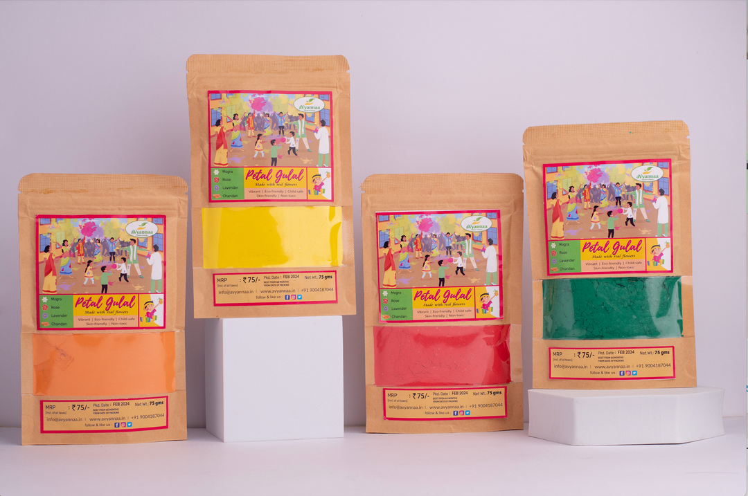 aVyannaa Petal Gulal for Holi - Made with real flowers Pack Of Four Packs ( Orange, Yellow, Red and Green)