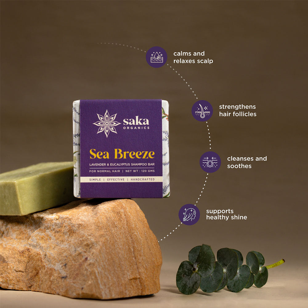 Saka Organics - Sea Breeze | Handmade Lavender and Eucalyptus Shampoo Bar | Natural Hair Care for Normal Hair - 120gm