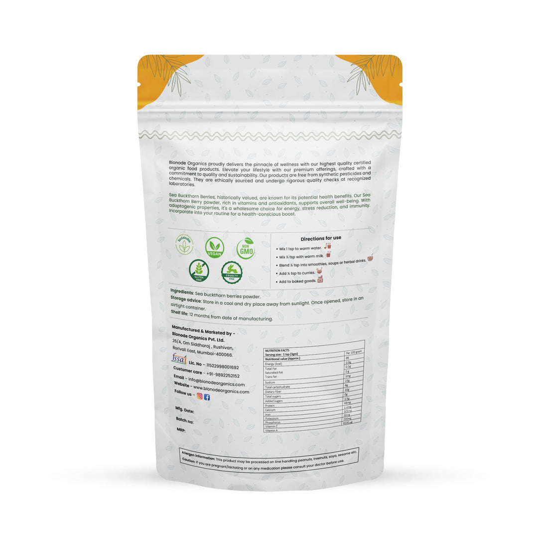 Bionode Organics Sea Buckthorn Berries | Dry Seabuckthorn Berries powder | Rich in Omega 3,6,7,9 | Fibers, Omegas, Collagen, Vitamic C, Vitamin E | Dry Sea Buckthorn (Sea Buckthron Powder 100gm)