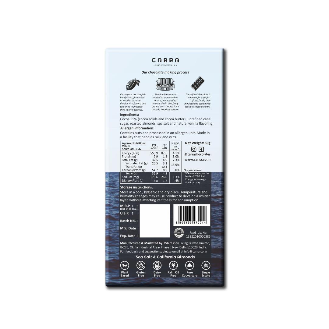CARRA 55% Dark Chocolate Bars - Sea Salt & California Almonds, Cashews & Cranberries and Cashews & Biscotti (Pack of 3)