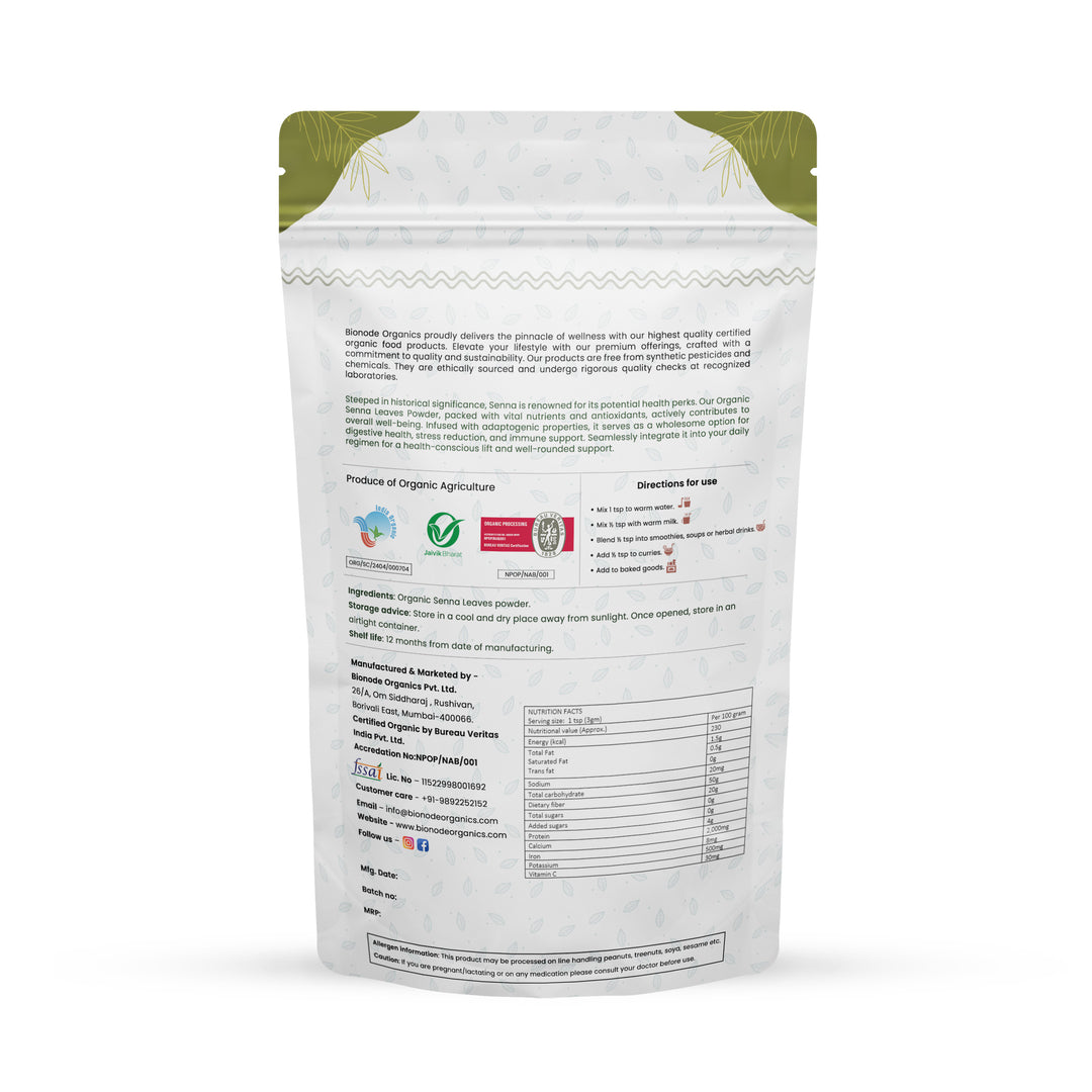 Bionode Organics Certified Organic Senna Leaves Powder | Ayurvedic Herbal Supplement To Support Digestive Function | Pack of 2