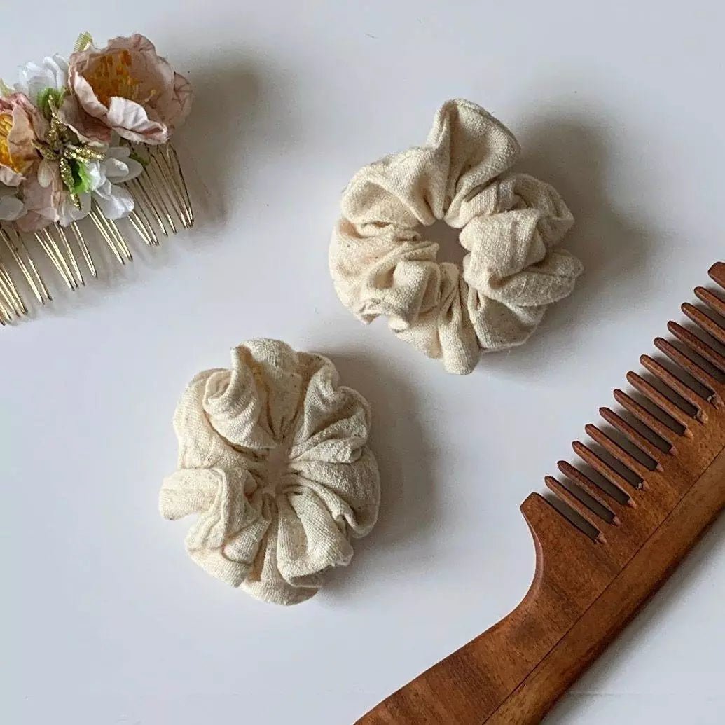 Set of 2 Natural off white organic kala cotton hair scrunchies - Suspire