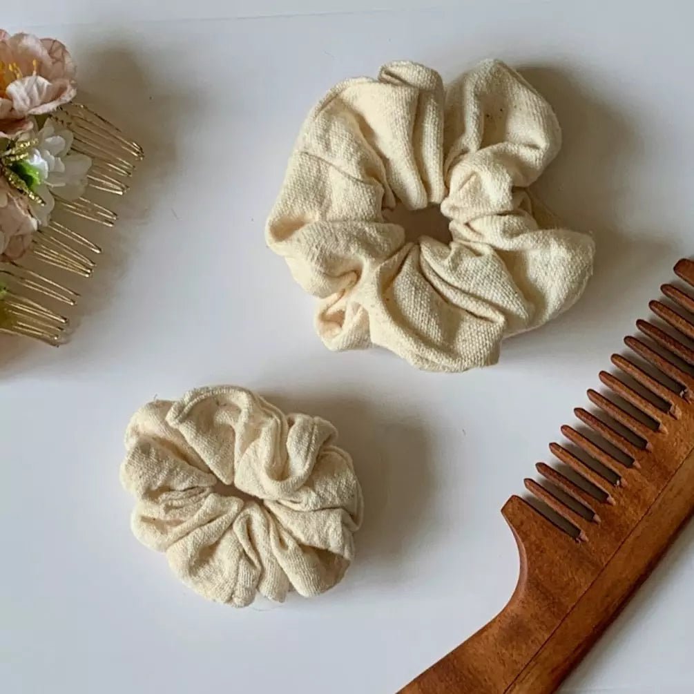 Set of 2 Natural off white organic kala cotton hair scrunchies - Suspire