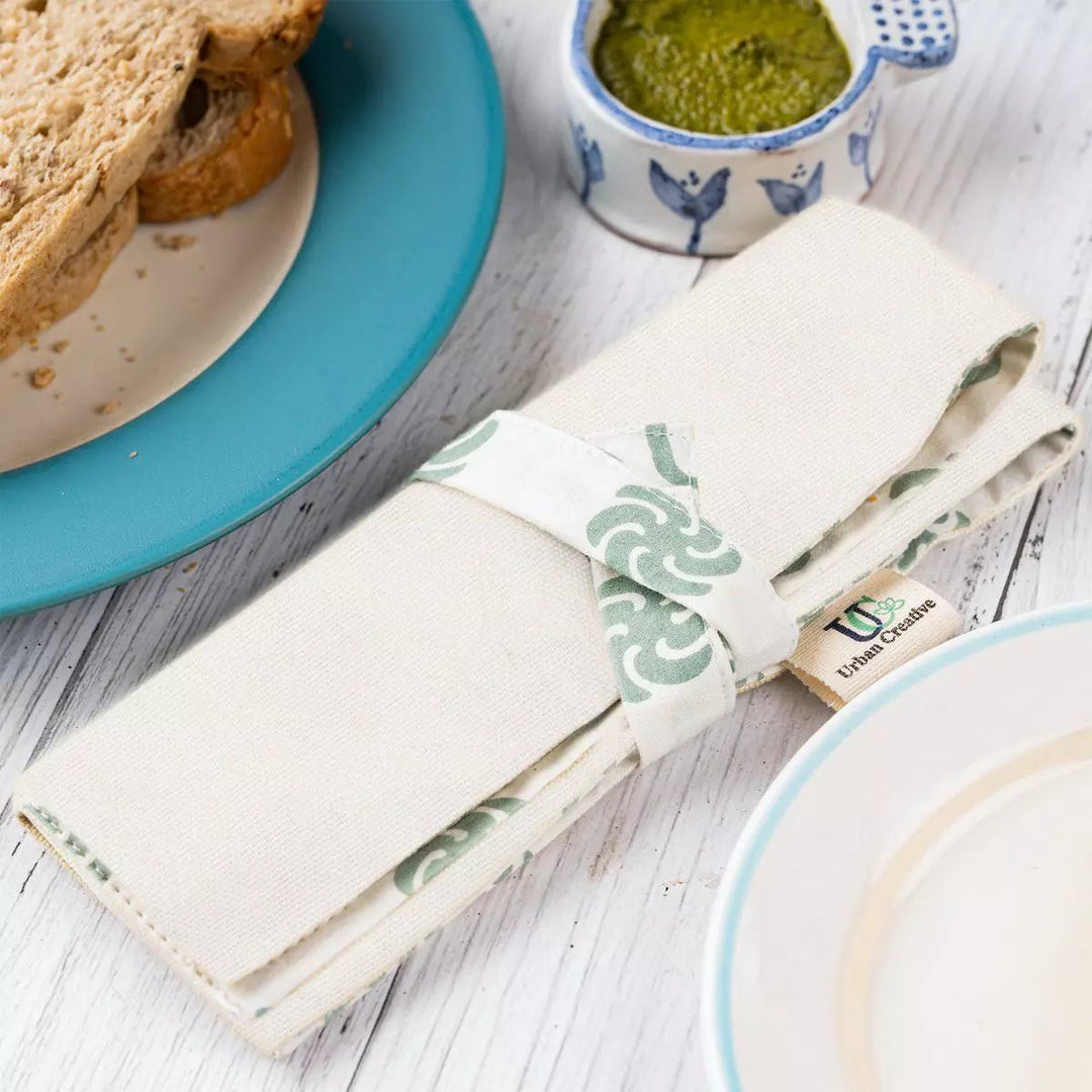 Set of 2 Organic Cotton Travel Cutlery Wrap /Organizer Roll Up in solid colour & print combo. - Suspire