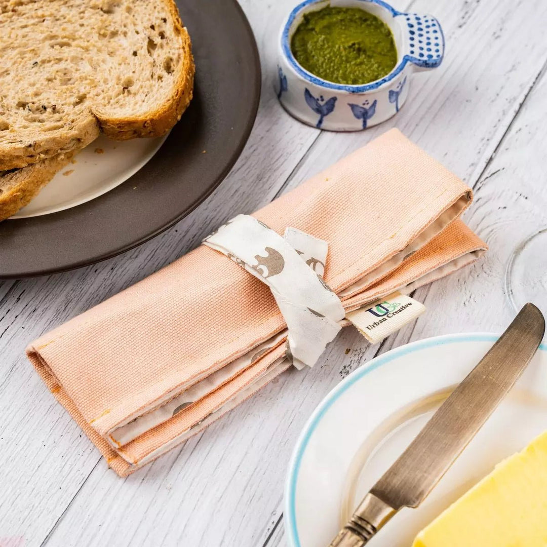 Set of 2 Organic Cotton Travel Cutlery Wrap /Organizer Roll Up in solid colour & print combo. - Suspire