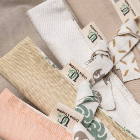 Set of 2 Organic Cotton Travel Cutlery Wrap /Organizer Roll Up in solid colour & print combo.