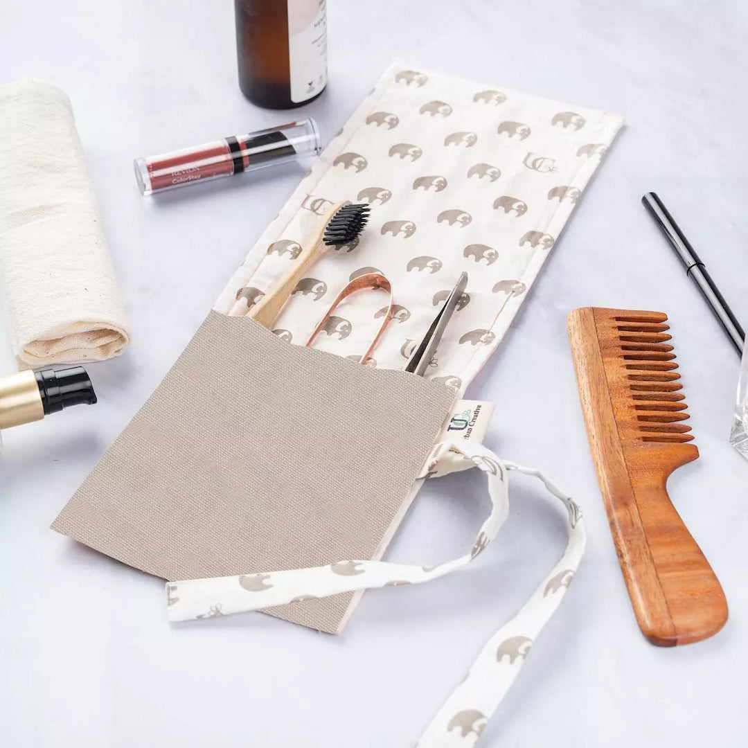 Set of 2 Organic Cotton Travel Cutlery Wrap /Organizer Roll Up in solid colour & print combo. - Suspire