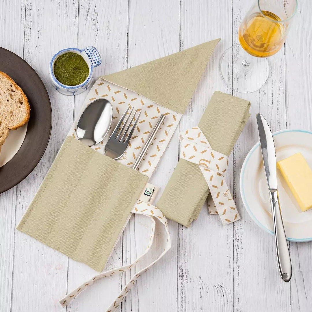 Set of 2 Organic Cotton Travel Cutlery Wrap /Organizer Roll Up in solid colour & print combo. - Suspire