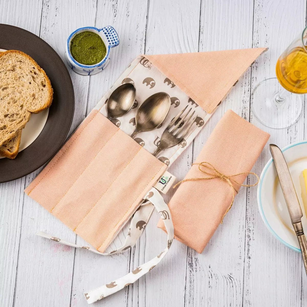 Set of 2 Organic Cotton Travel Cutlery Wrap /Organizer Roll Up in solid colour & print combo. - Suspire