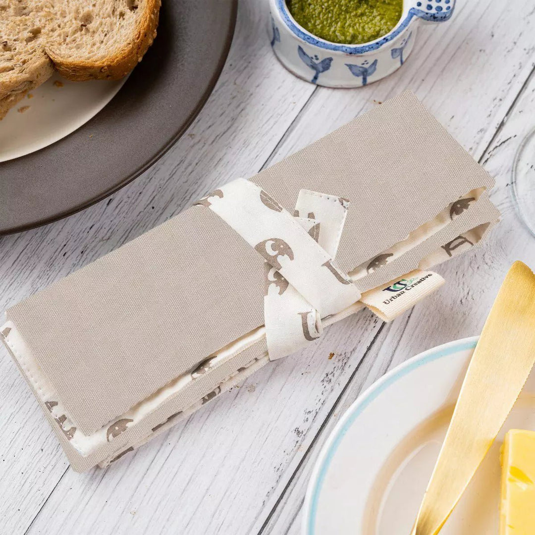 Set of 2 Organic Cotton Travel Cutlery Wrap /Organizer Roll Up in solid colour & print combo. - Suspire
