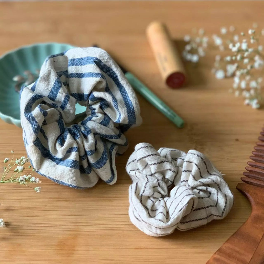 Set of 2 Stripe pattern organic kala cotton hair scrunchies - Suspire