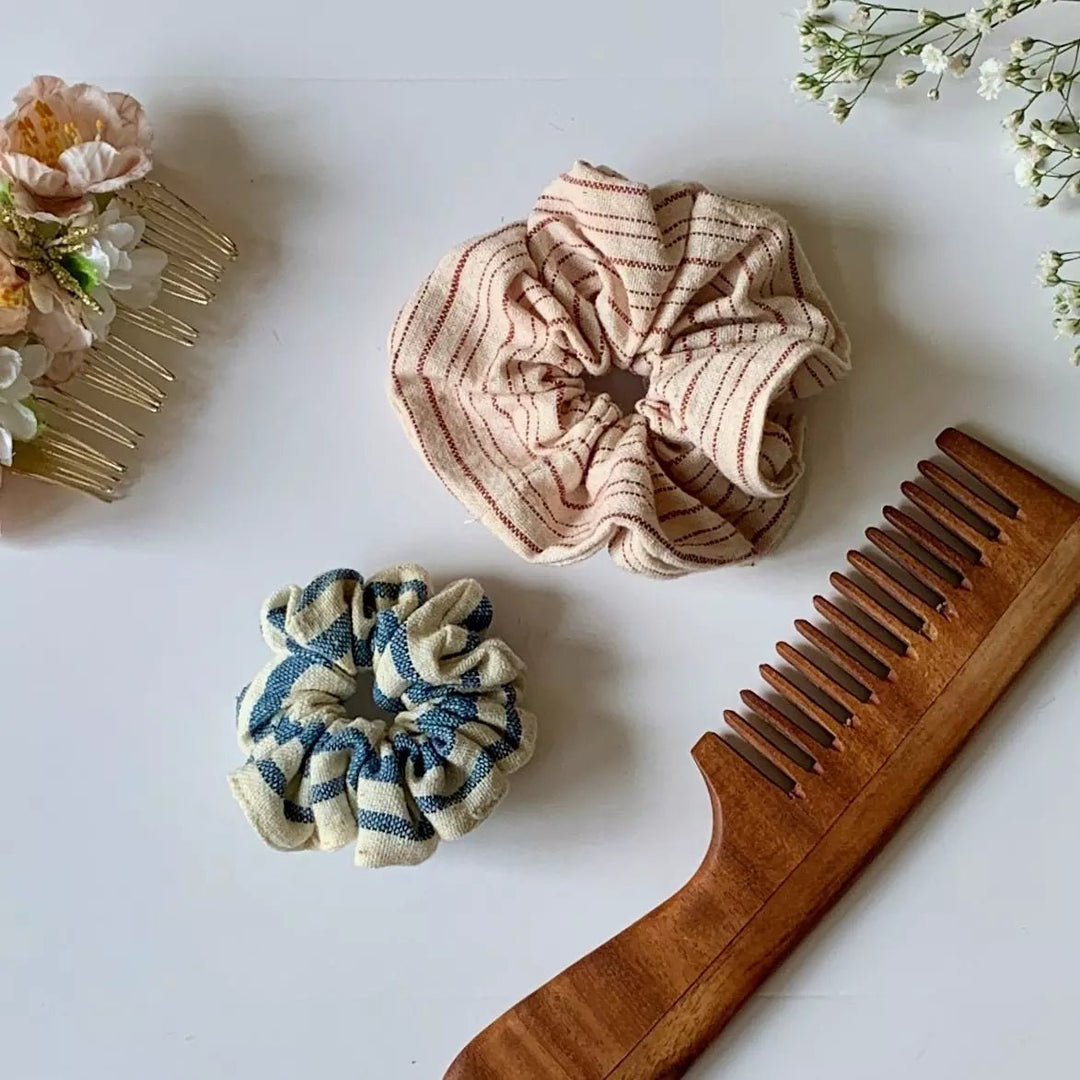 Set of 2 Stripe pattern organic kala cotton hair scrunchies - Suspire