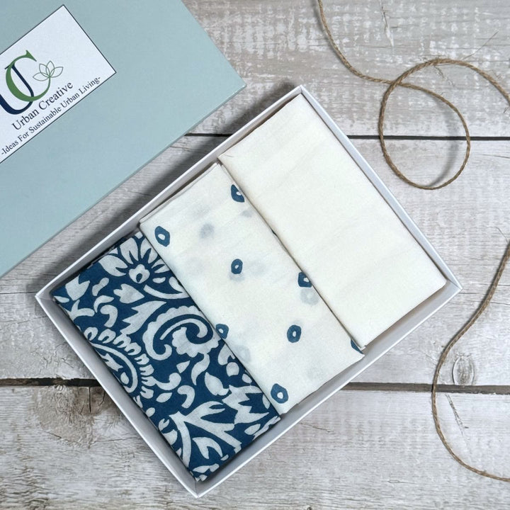 Set of 3 Indigo and White Print Organic Cotton Handkerchiefs - Suspire