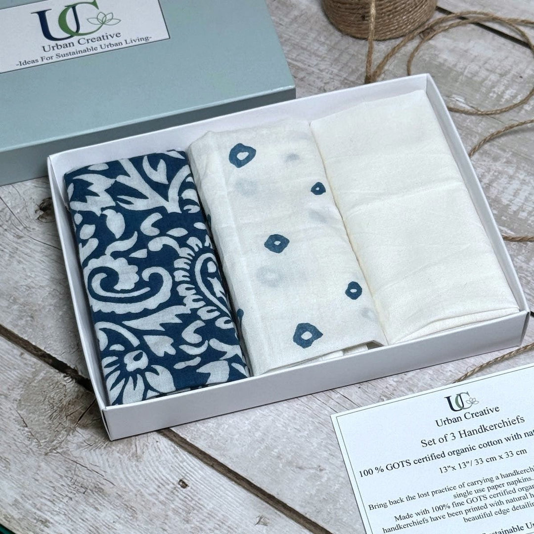 Set of 3 Indigo and White Print Organic Cotton Handkerchiefs - Suspire