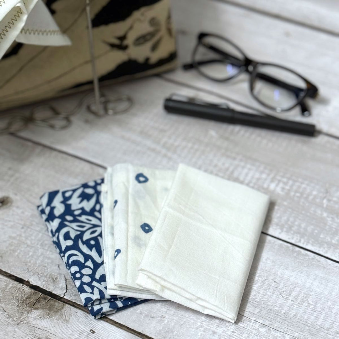 Set of 3 Indigo and White Print Organic Cotton Handkerchiefs - Suspire