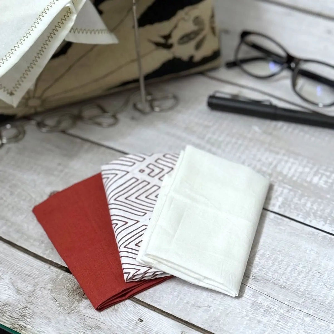 Set of 3 madder red and white print organic cotton handkerchiefs - Suspire