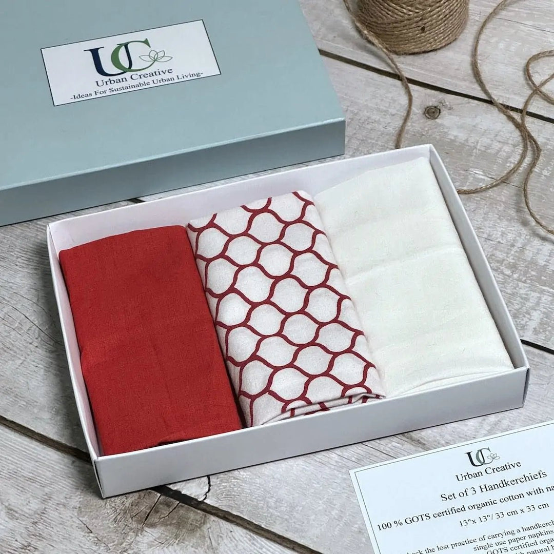 Set of 3 madder red and white print organic cotton handkerchiefs - Suspire
