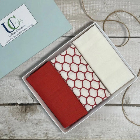 Set of 3 madder red and white print organic cotton handkerchiefs