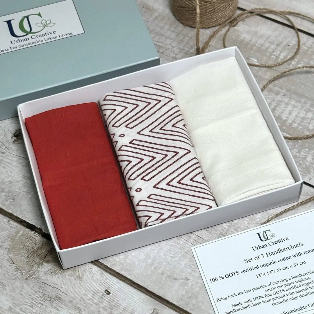 Set of 3 madder red and white print organic cotton handkerchiefs - Suspire