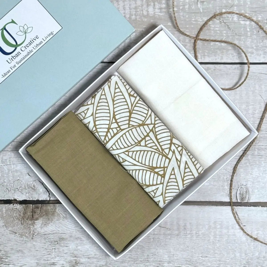 Set of 3 olive green and white print organic cotton handkerchiefs - Suspire