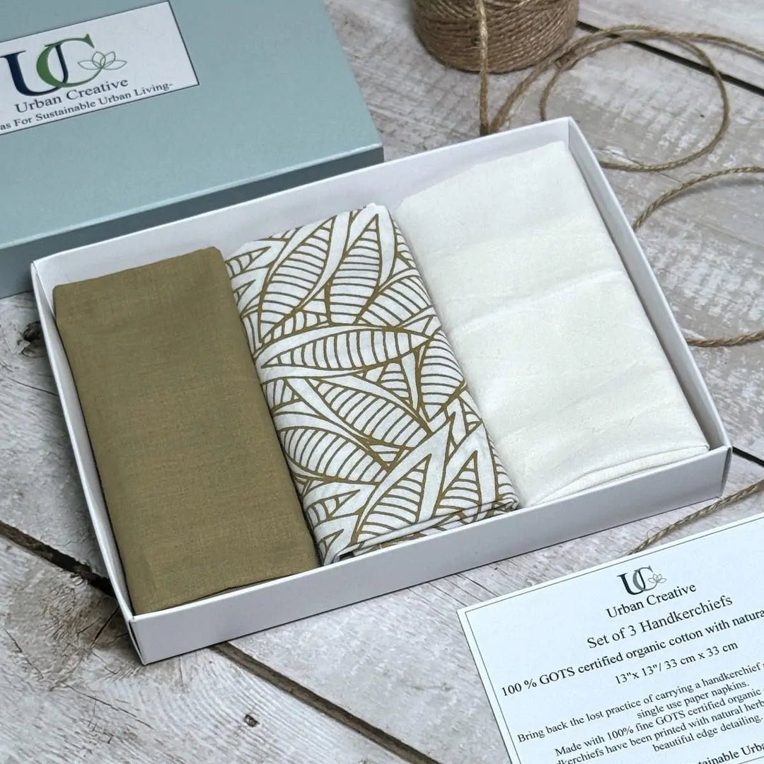 Set of 3 olive green and white print organic cotton handkerchiefs - Suspire