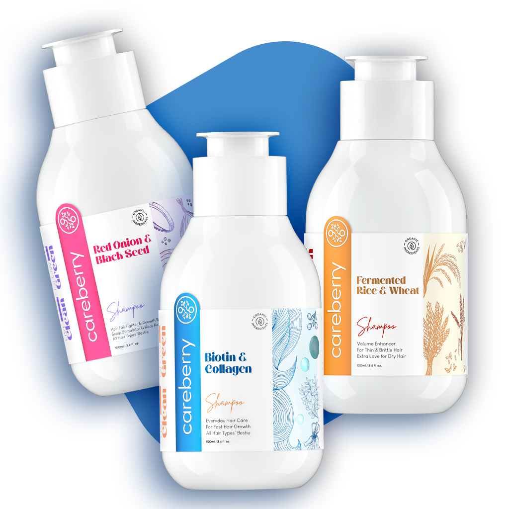 Careberry Hair Squad: Biotin Boost, Rice Water's Volumize Vibes, Red Onion's Anti-Fall Power Trio Pack of 3