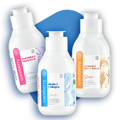 Careberry Hair Squad: Biotin Boost, Rice Water's Volumize Vibes, Red Onion's Anti-Fall Power Trio Pack of 3