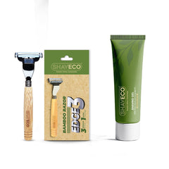 SHAVECO Bamboo EDGE 3 Razor with Extra Cartridge & Aloe Vera Shaving Gel - Sustainable Grooming Combo