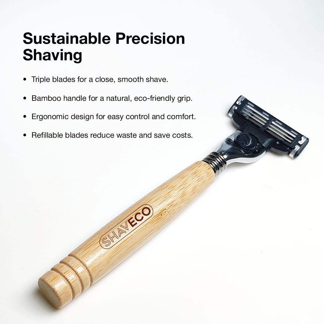 SHAVECO Bamboo EDGE 3 Razor with Extra Cartridge & Aloe Vera Shaving Gel - Sustainable Grooming Combo - Suspire